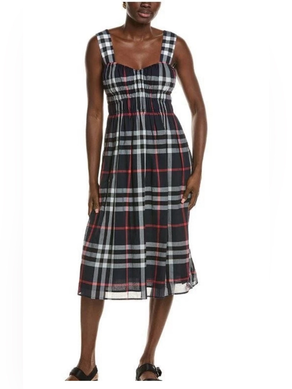 NEW BURBERRY CLASSIC NAVY GRAY CHECK PLEATED COTTON SUMMER DRESS 40/6